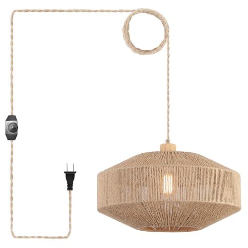 Coastal Large Woven Pendant Light Fixture 17.8 inch One-Light Adjustable Natural Hemp Rope Cage Pendant Lighting for Kitchen Island Dining Room Living Room Farmhouse