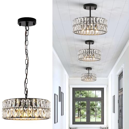 Gold Crystal Chandeliers, Modern Semi Flush Mount Chandelier 4-Ligh Drum Crystal Ceiling Pendant Light Fixture 12” for Foyer Entryway Kitchen Hallway Dining Room