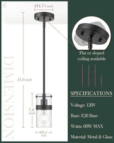 LMS 4-Light Island Lights, Farmhouse Light Fixtures with Hammered Glass Shade, Matte Black Linear Chandelier Pendant Lighting Over Table for Adjustable Height, Kitchen Island, LMS-171BK-4