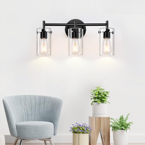 Bathroom Light Fixtures 2023 Upgrade, 3-Light Matte Black Bathroom Vanity Light, Black Bathroom Lights Over Mirror with Clear Glass Shade, Bathroom Wall Sconces for Mirror Bedroom Living Room Hallway