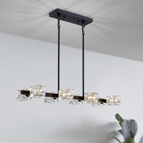 XINGQI Gold Chandelier Sputnik 8-Light Modern Farmhouse Glass Light Fixtures Rectangle Linear Chandelier for Dining Room Living Room Bedroom Kitchen Island