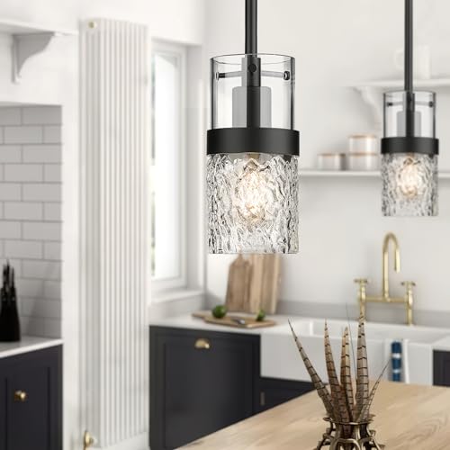 LMS 4-Light Island Lights, Farmhouse Light Fixtures with Hammered Glass Shade, Matte Black Linear Chandelier Pendant Lighting Over Table for Adjustable Height, Kitchen Island, LMS-171BK-4