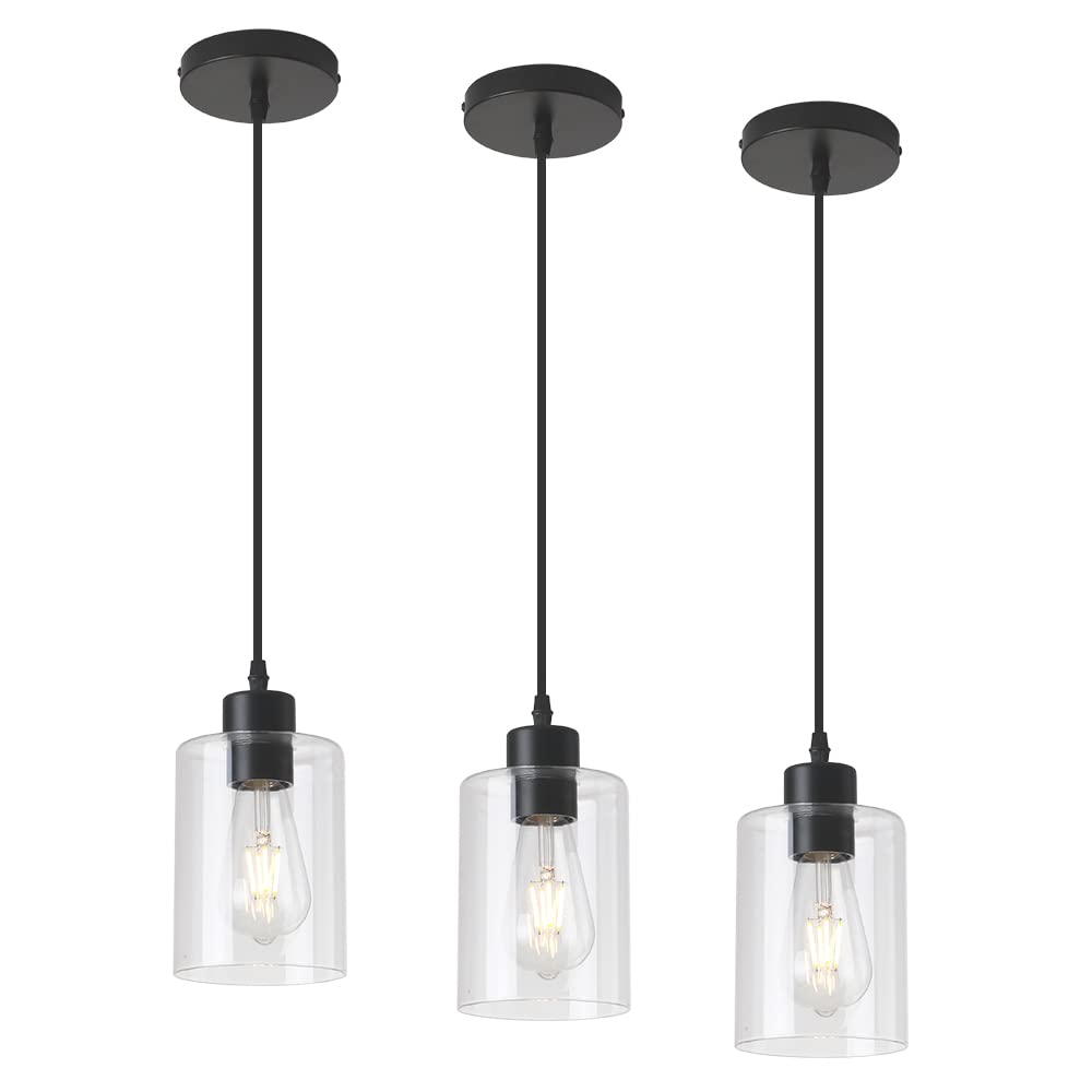 3 Lights Pendant Lighting for Kitchen Island,3 Tier Linear Pendant Chandeliers with 1 Base,Modern Farmhouse Island Light with Clear Glass,Adjustable (Black Island 3 Tier Stem Rod)