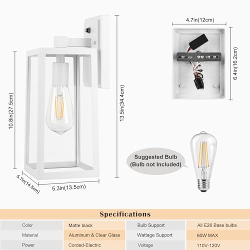 Outdoor Lighting Fixtures Wall Mount, Sensor Exterior Wall Lights for House, Anti Rust Porch Light, White Sconce Lamp, Waterproof Wall Lantern for Doorway, Garage, 2-Pack