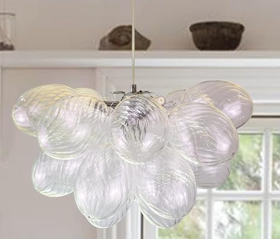 Semi Flush Mount Ceiling Bubble Ball Chandelier Lighting Dia 20 Inch Gold Clear Ribbed Blown Glass Chandeliers Ceiling Medallions Light Fixtures for Bedroom, Living Room, Entry, Bathroom