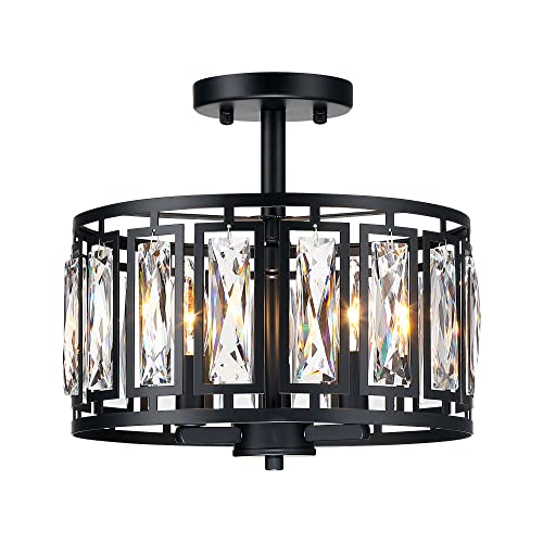 Crystal Pendant Lighting Fixture Matte Black Drum Shade Chandelier,2-Pack Pendant Lights for Kitchen Island Modern Ceiling Lights for Living Room