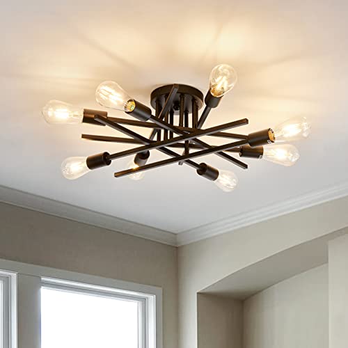 Semi Flush Mount Modern Ceiling Light Fixture， 6 Lights Black Vintage Matte Sputnik Chandelier Ceiling Lamp with E26 Bulb Base for Farmhouse Dining Room Living Room Bedroom Study Kitchen