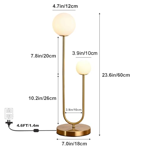 Mid Century Gold Globe Table Lamp Modern U-Shape 2-Light Desk Table Light with Milk White Glass Shade Metal Base Nightstand Lamp for Bedroom Bedside,G9 Bulb