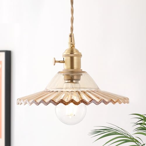 Pendant Light with White Pleated Ceramic Lmapshade, Brass Vintage Pendant Light Adjustable Hanging Light for Kitchen Island Dining Room Hallway 7.87 Inch Diam