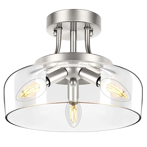 Modern Industrial Semi Flush Mount Ceiling Light with Clear Glass Shade, 3-Bulb Black Ceiling Light Fixture for Kitchen Bedroom Living Room Porch Hallway Entryway, E12 Socket, Bulbs Not Included