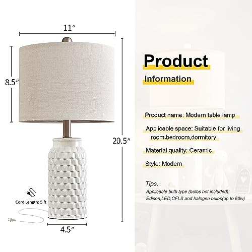 20.5" White Modern Ceramic Bedside Lamp Set of 2 for Bedroom Decor Farmhouse Table Lamp for Living Room Office Dorm