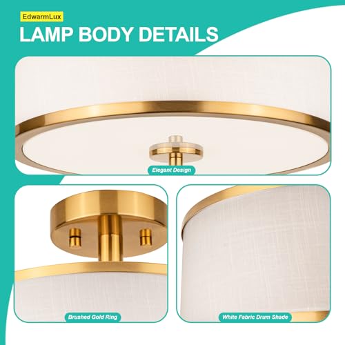 3-Light Semi Flush Mount Ceiling Light Fixture, 12.6" Gold Drum Light with Black Fabric Shade, Modern Close to Ceiling Light for Living Room Bedroom Dining Room Kitchen Hallway Entry Foyer