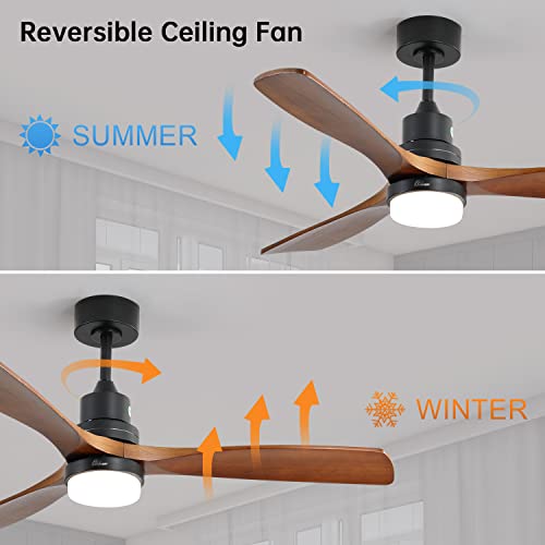 Low Profile Ceiling Fan With Lights Remote Control 52 Inch Flush Mount Ceiling Fan Modern Wood Blade Fan For Bedroom Living Room Indoor Outdoor Farmhouse Patio, Noiseless DC Motor