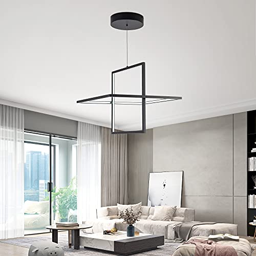 Modern LED Chandelier Linear Rectangle Chandelier Dimmable 35.4” Kitchen Island Lighting, Contemporary Hanging Linear Led Pendant Chandelier Light Fixture for Dining Room Hallway Bar Black