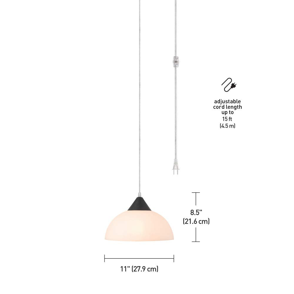 1-Light Plug-in Pendant, Brushed Steel, Frosted White Shade, 15ft Clear Cord, in-Line On/Off Switch, E26 Base Socket, Kitchen Island, Café, Hanging Light, Bulb Not Included