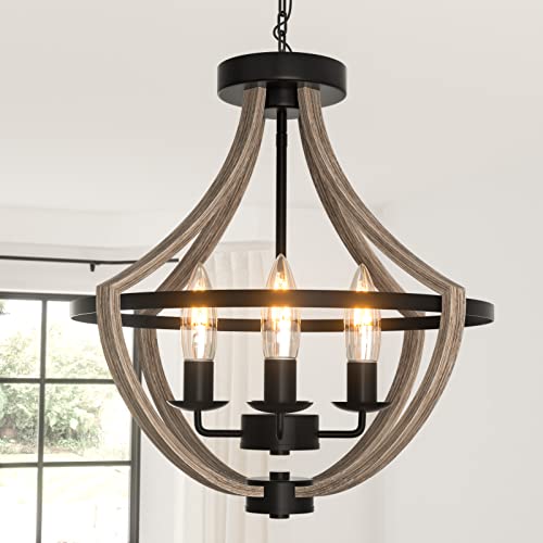 16.5" Farmhouse Light Fixtures Chandelier, 4-Light Rustic Flush Mount Ceiling Light, Modern Faux Wood Light Fixture for Dining Room Kitchen Foyer Hallway Entryway Bedroom Closet