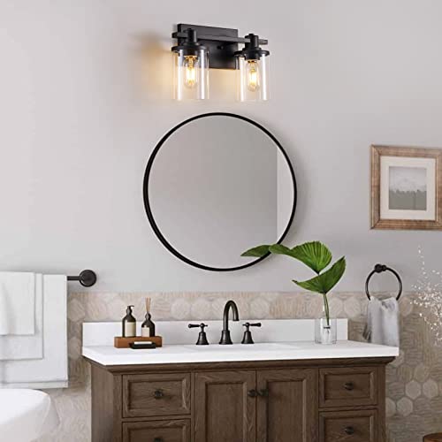 3 Light Bathroom Vanity Light, Black and Gold Bathroom Light Fixtures with Clear Glass Shade, Matte Black Finish, Brushed Gold Copper Accent Socket, Modern Gold Vanity Lights for Bathroom Over Mirror