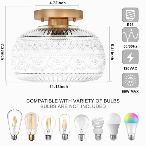 Semi Flush Mount Ceiling Light, Upgraded Modern Close to Ceiling Light Fixture with Clear Glass,Gold Indoor Kitchen Lighting for Porch Corridor Hallway Bedroom, Bulb Not Included