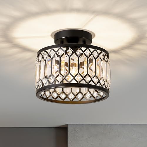 Crystal Black Ceiling Light, Modern Semi Flush Mount Ceiling Lighting Fixture, Round Hallway Lighting Fixtures Ceiling for Kitchen Entryway Bedroom Laundry Room, 1-Light, 11.4 Inch