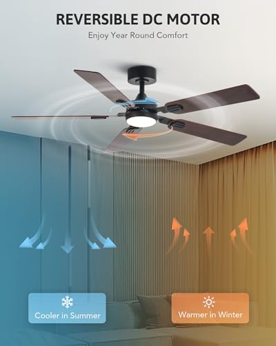 Ceiling Fans with Lights and Remote, 52" Ceiling Fan with 5 Blades, 6-Speeds Noiseless Reversible DC Motor for Farmhouse Bedroom Indoor, Black