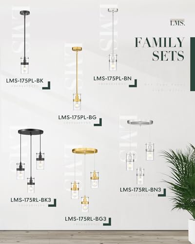 LMS 4-Light Island Lights, Farmhouse Light Fixtures with Hammered Glass Shade, Matte Black Linear Chandelier Pendant Lighting Over Table for Adjustable Height, Kitchen Island, LMS-171BK-4