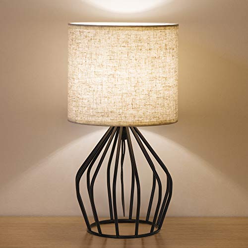 HAITRAL Black Modern Table Lamp - Minimalist Small Bedside Lamp with Hollowed Out Base Linen Fabric Shade, Vintage Nightstand Lamp for Bedroom Living Room Side Table Desk Kids Room