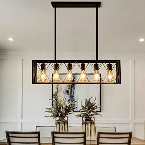 Kitchen Island Pendant Lighting 6-Light Black Metal Industrial Bar Chandelier Fixtures Vintage Hanging Farmhouse Rectangle Linear Chandelier for Dining Room Living Room