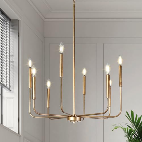 Champagne Antique Gold Chandelier, 8-Light Modern Farmhouse Dining Room Chandelier Over Table, 27'' Aged Brass Chandeliers Hanging Light Fixture for Dining Room, Living Room, Bedrooms, Foyer