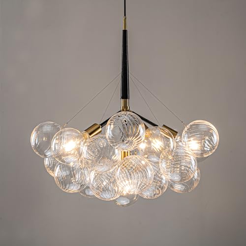 Semi Flush Mount Ceiling Bubble Ball Chandelier Lighting Dia 20 Inch Gold Clear Ribbed Blown Glass Chandeliers Ceiling Medallions Light Fixtures for Bedroom, Living Room, Entry, Bathroom