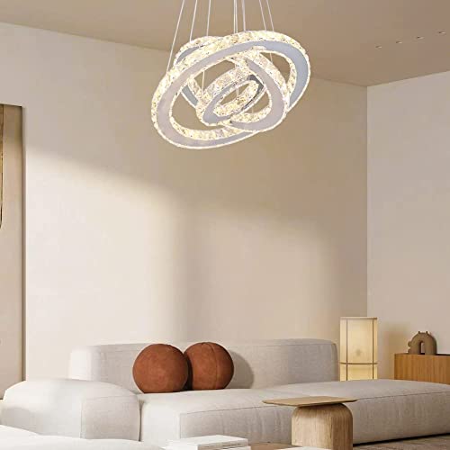 Modern LED Chandeliers Crystal Chandelier 3 Ring Round Pendant Lighting Adjustable Stainless Steel Ceiling Light Fixture for Living Room Dining Room Bedroom