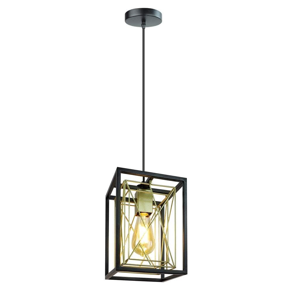 1 Light Black Lantern Pendant Light Fixture, Rustic Hallway Chandelier Lighting with Adjustable Cord, Rectangle Metal Cage Hanging Lights for Foyer/Kitchen Island/Bar/Entryway, 1XE26 Base