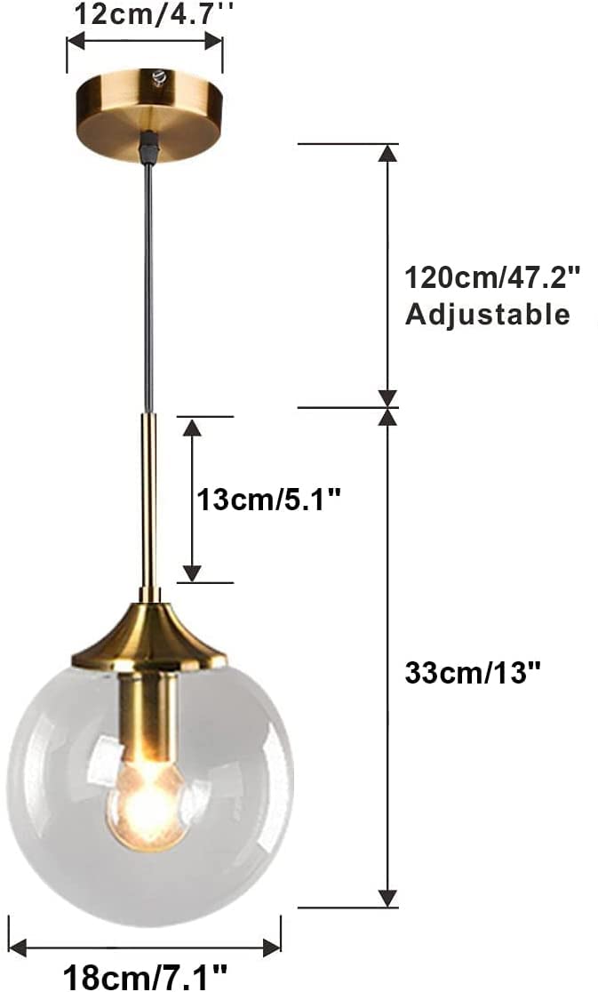 Lighting Mid Century Modern Pendant Chandelier 1-Light Gold Glass Globe Pendant Light Brushed Brass Pendant Light Large Kitchen Pendant Lighting Over Island (Amber)