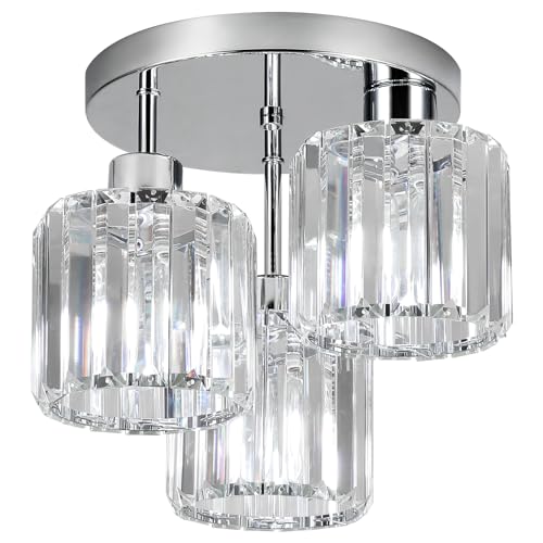 Semi Flush Mount Ceiling Light 3-Light Brushed Nickel Flush Mount Ceiling Light Fixtures with Clear Glass Shade, Modern Kitchen Ceiling Light for Bedroom Stairs Porch Hallway Entryway