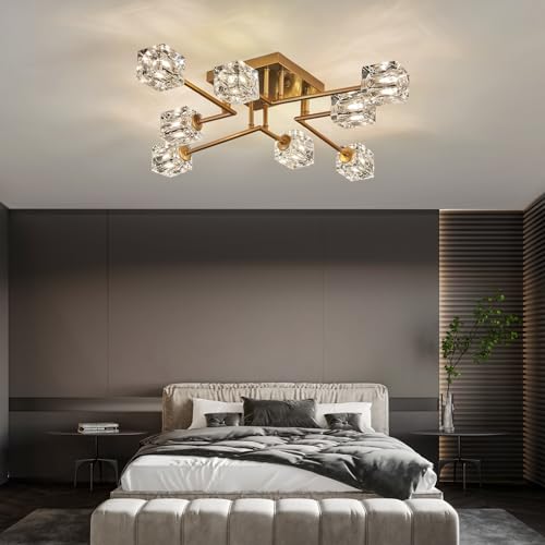 Vintage Gold Semi Flush Mount Ceiling Light 8-Light Glass Sputnik Chandeliers Mid Century Modern Crystal Ceiling Light Fixture for Living Room Dining Room Bedroom Kitchen Foyer