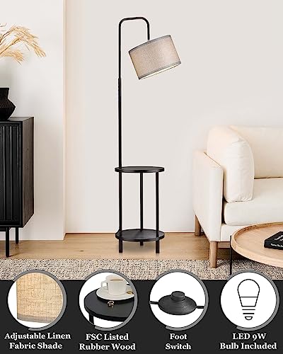 Modern Floor Lamp with End Table, Rubber Wood Bedside Table Lamp with Adjustable Drum Shade, Rustic Tall Pole Shelf Reading Standing Light for Farmhouse Bedroom, Living Room, Office - Walnut