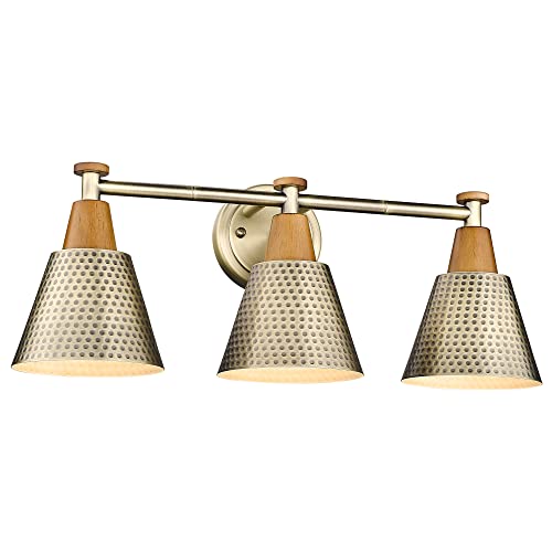 Antique Brass Bathroom Vanity Light, 3-Lights Industrial Modern Wall Sconce Bathroom Lighting, Hammered Metal Shade Finish, 4FG59B-3W BG