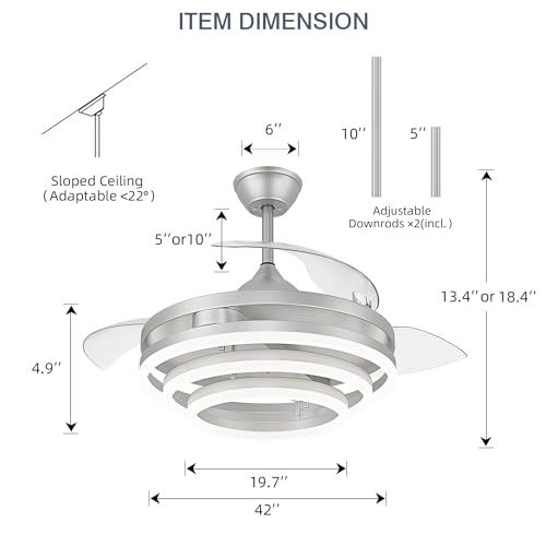 42 Inch Retractable Ceiling Fan, Chandelier Ceiling Fans with Lights, Silent DC Motor, 6 Speeds, 3 Color Changing for Bedroom Living Room (Gold)