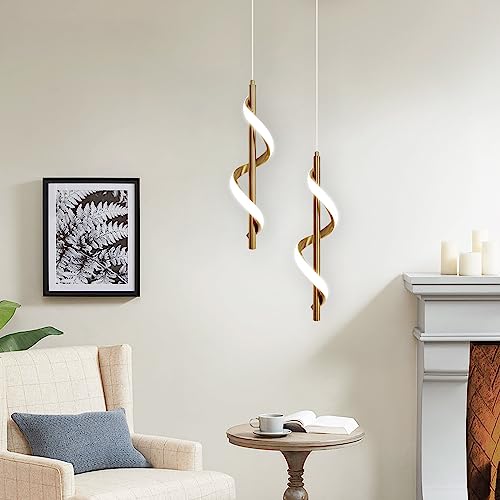 Gold Pendant Light, Spiral Modern Led Pendant Lighting for Kitchen Island, 5500K Brushed Brass Ceiling Hanging Light Fixture for Dining Room Bedroom Sink Table Small Pendant Lights