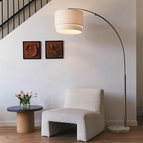 Modern Corner Standing Lamp with Unique Hanging Drum Lamp Shade for Living Room - Bright Overhead, Curved Hanging Light for Bedroom. Library, Den - Bronze