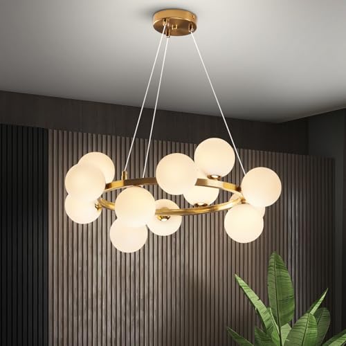 Modern Globe Gold Chandelier - 3.9in Glass Shape Sputnik Ceiling Light Fixture, Mid Century Bubble Dining Room Pendant Light, Hanging Brass Island Light for Kitchen Bedroom Entryway Over Table