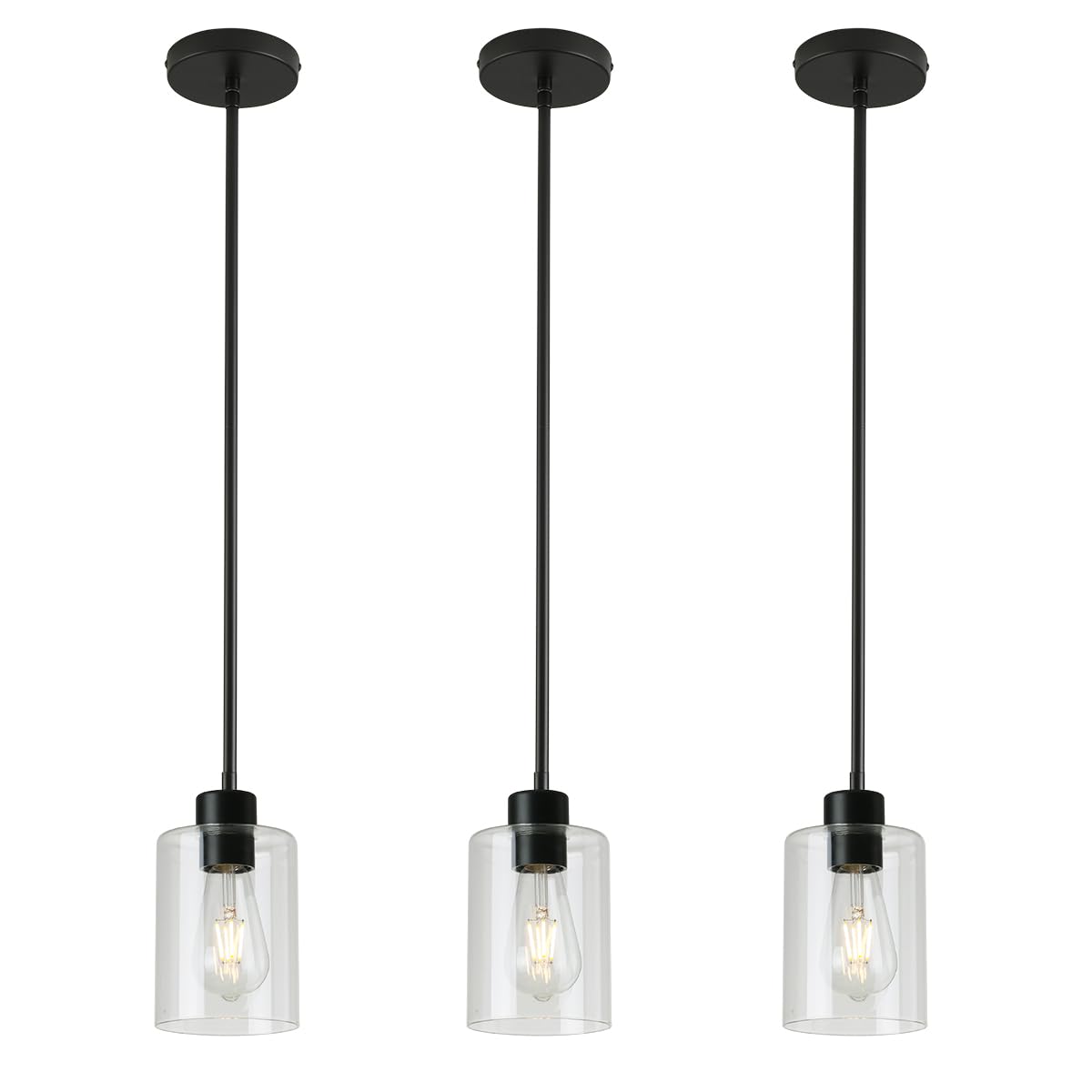 3 Lights Pendant Lighting for Kitchen Island,3 Tier Linear Pendant Chandeliers with 1 Base,Modern Farmhouse Island Light with Clear Glass,Adjustable (Black Island 3 Tier Stem Rod)