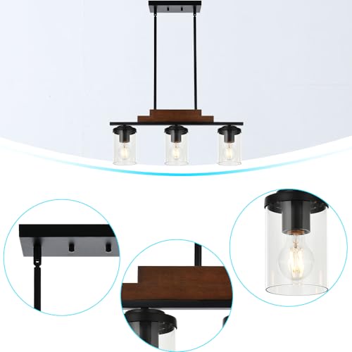 Rustic Chandelier 3 Lights Black Pendant Lighting Linear Kitchen Island Hanging Light Fixture Farmhouse Wood Pendant Ceiling Light Fixture with Clear Glass Shade for Dining Room Pool Table