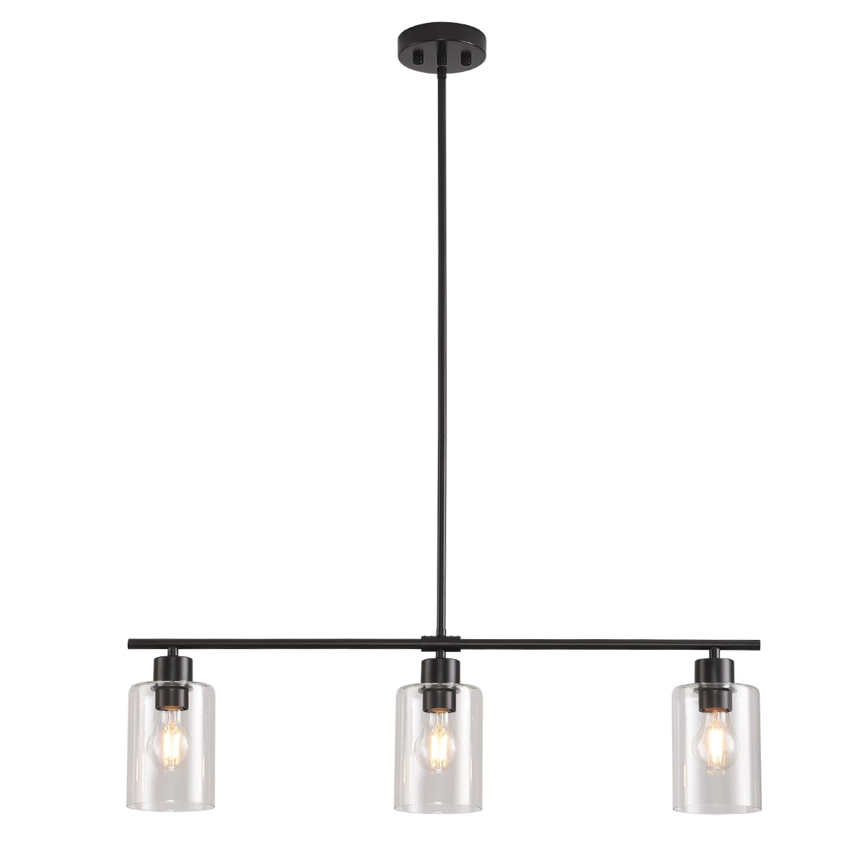 3 Lights Pendant Lighting for Kitchen Island,3 Tier Linear Pendant Chandeliers with 1 Base,Modern Farmhouse Island Light with Clear Glass,Adjustable (Black Island 3 Tier Stem Rod)