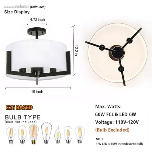 14inch Semi Flush Mount Ceiling Light: 3-Light Black Modern Light Fixtures Ceiling Mount with Drum Fabric Shade, Close to Ceiling Lighting for Bedroom, Kitchen, Entryway, Foyer(Bulb Exclude)