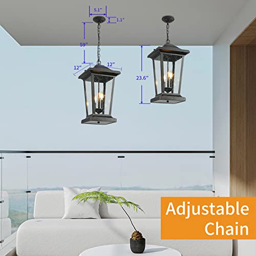 Large Outdoor Pendant Light, 3-Light Outdoor Chandelier, Retro Exterior Hanging Lantern, Hanging Outdoor Light Fixture for Porch, Seeded Glass Sheet with Matte Black Finish