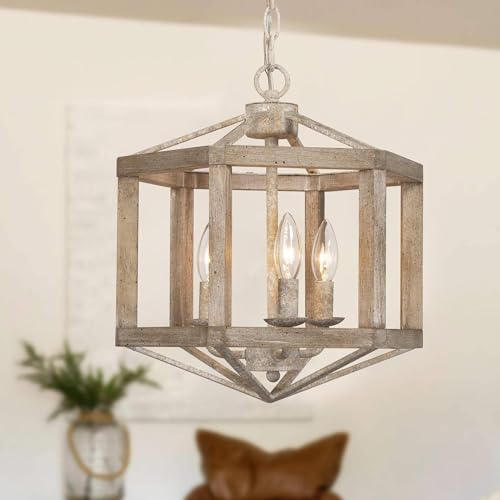 Farmhouse Wood Chandelier, 3 Light Rustic Mid-Century Lantern Wooden Chandeliers Hanging Light Fixture for Dining Room, Living Room, Bedrooms, Living Room, Entryway