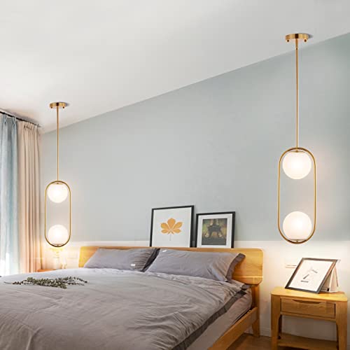 Modern Gold Globe Pendant Light Mid Century Chandelier 1-Light Brushed Brass Ceiling Hanging Lighting Fixture with White Globe Glass Lampshade for Kitchen Island Dining Room Bedroom (2 Pack)