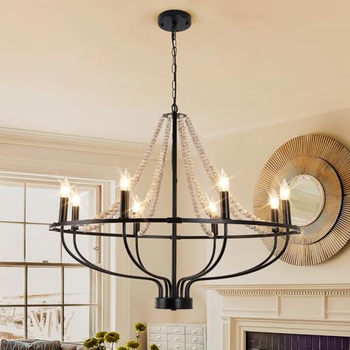 Chandeliers,8-Light Round Wagon Wheel Chandelier with Wood Beaded,Black Farmhouse Pendant Light, Adjustable Height Hanging Light for Kitchen Bedroom Dining Room