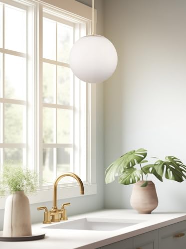 Mid-Century Modern Hanging Orb Pendant Light with Smooth Matte White Frosted Diffuser, Cool Brass Finish