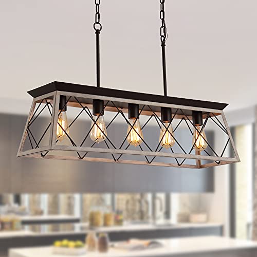 Q&S Farmhouse Vintage Chandelier, Rustic Pendant Light,Industrial Hanging Light Fixture for Dining Room Kitchen Island,Wrought Iron,ORB+Oak White 4 Lights E26 UL Listed